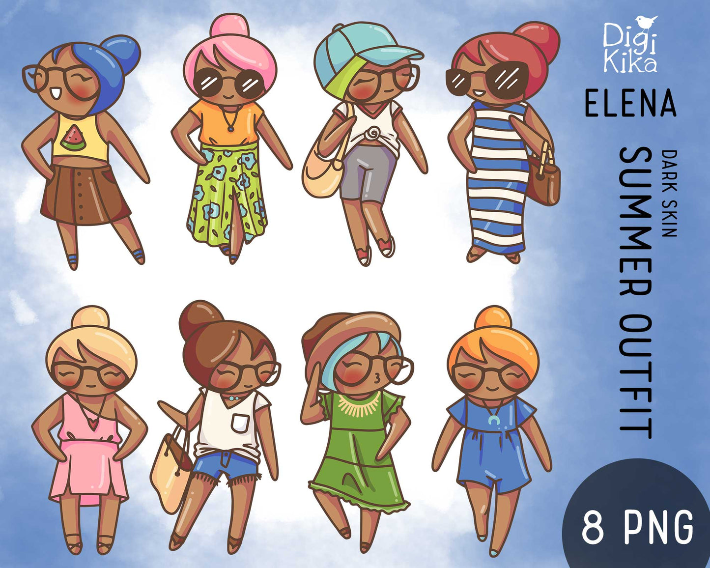 Elena Summer Outfit Brown Skin Clipart | 8 Fashion Graphics | PNG | Commercial Use