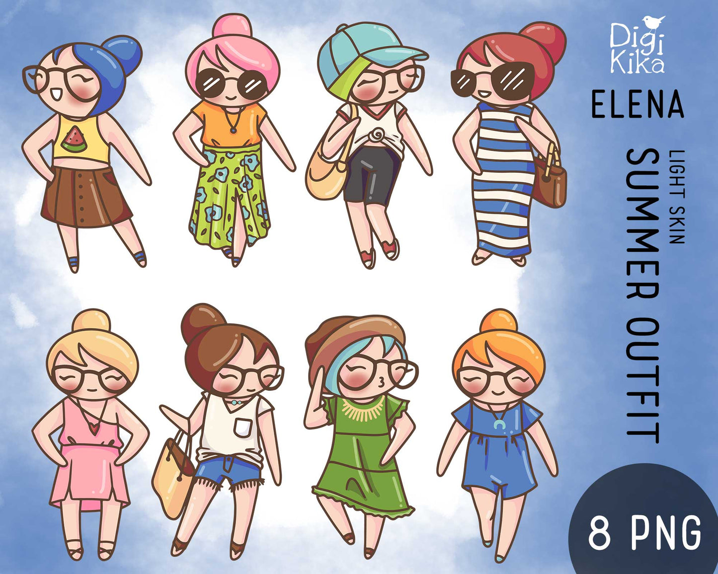 Elena Summer Outfit Light Skin Clipart | 8 Fashion Graphics | PNG | Commercial Use