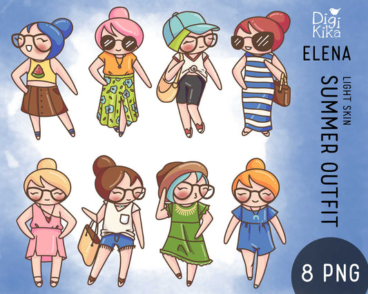 Elena Summer Outfit Light Skin Clipart | 8 Fashion Graphics | PNG | Commercial Use