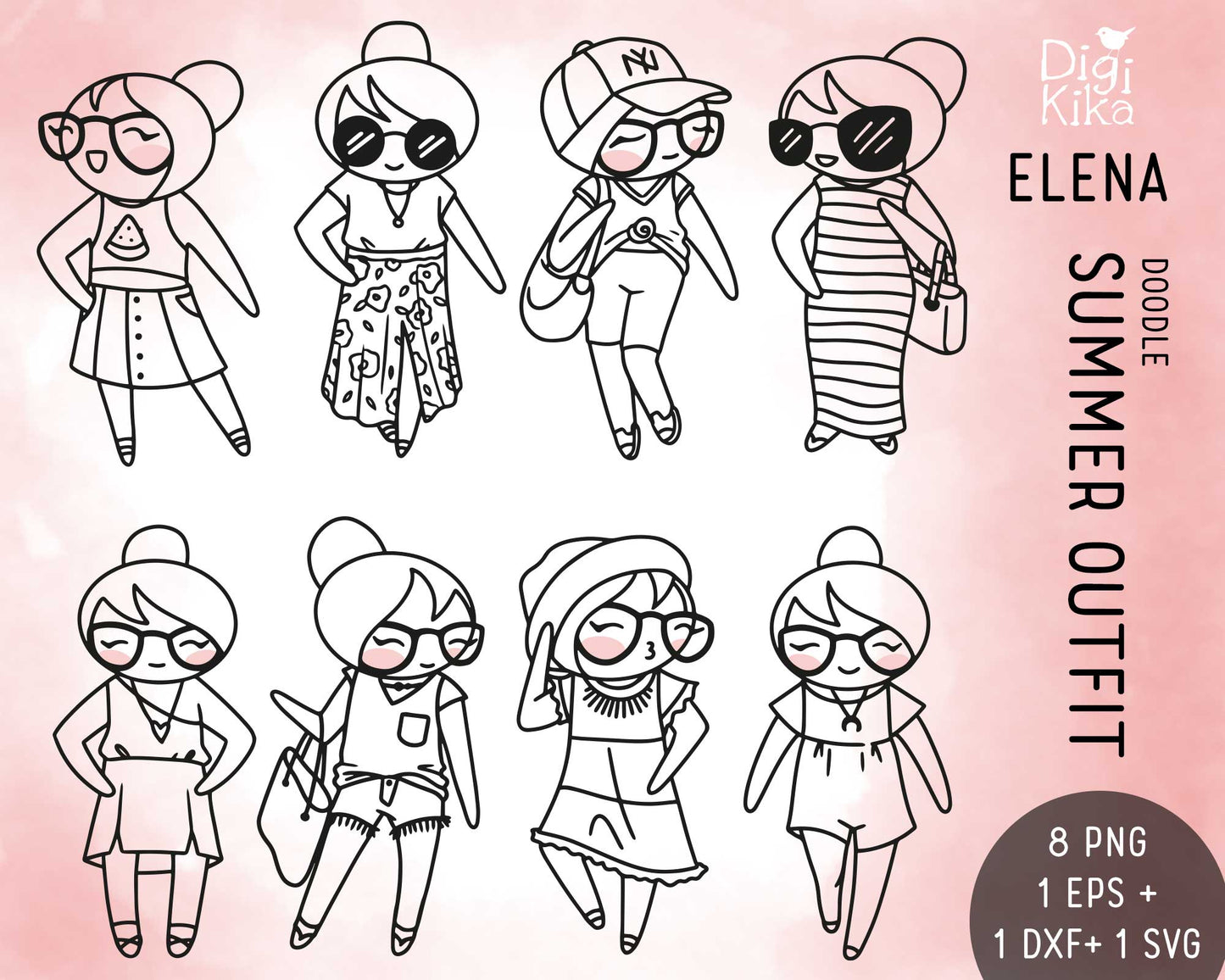 Illustrations of a character in various summer outfits on a pink background.