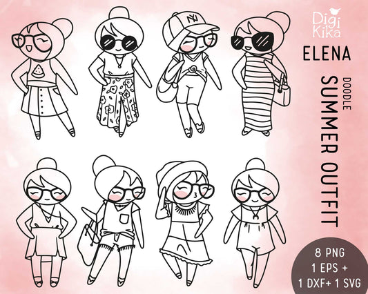 Illustrations of a character in various summer outfits on a pink background.