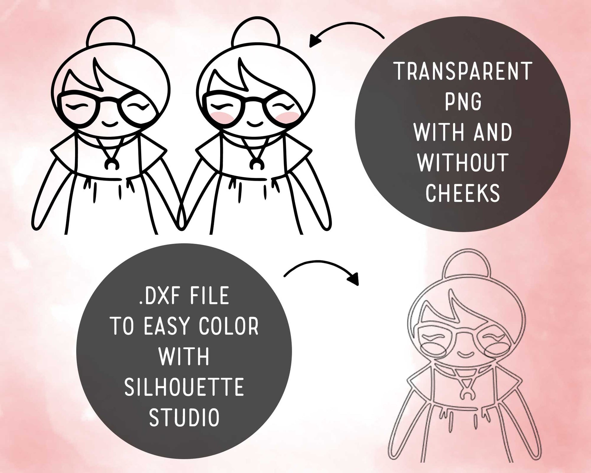 Illustration of a character with glasses and bum hair, featuring text about file types and color options on a pink background.