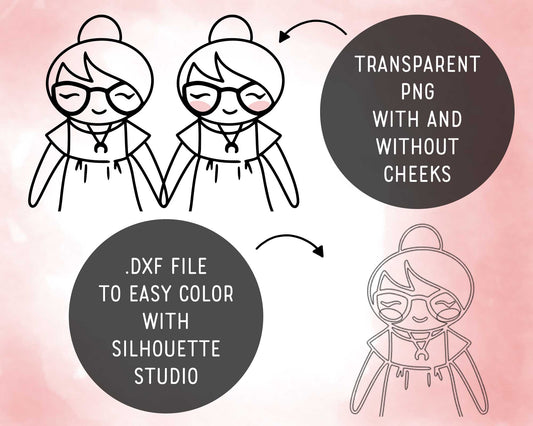 Illustration of a character with glasses and bum hair, featuring text about file types and color options on a pink background.