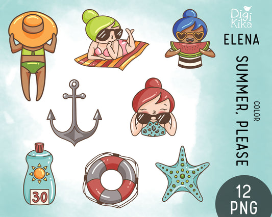 Elena Summer Please Color Clipart | 2 Skin Tones Beach Graphics | PNG | Commercial Use | Inclusive