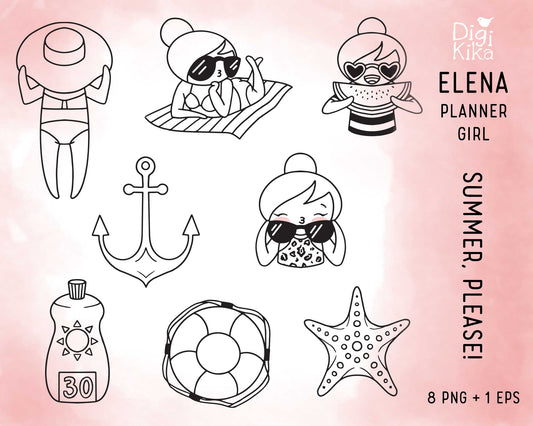 Elena Summer Please Outline Clipart | Beach Bikini Graphics | EPS SVG DXF PNG | Commercial Use
