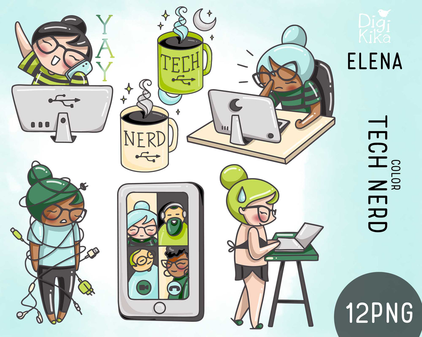 Elena Tech Nerd Color Clipart | 2 Skin Tones Coding Graphics | PNG | Inclusive