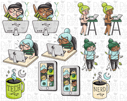 Elena Tech Nerd Color Clipart | 2 Skin Tones Coding Graphics | PNG | Inclusive