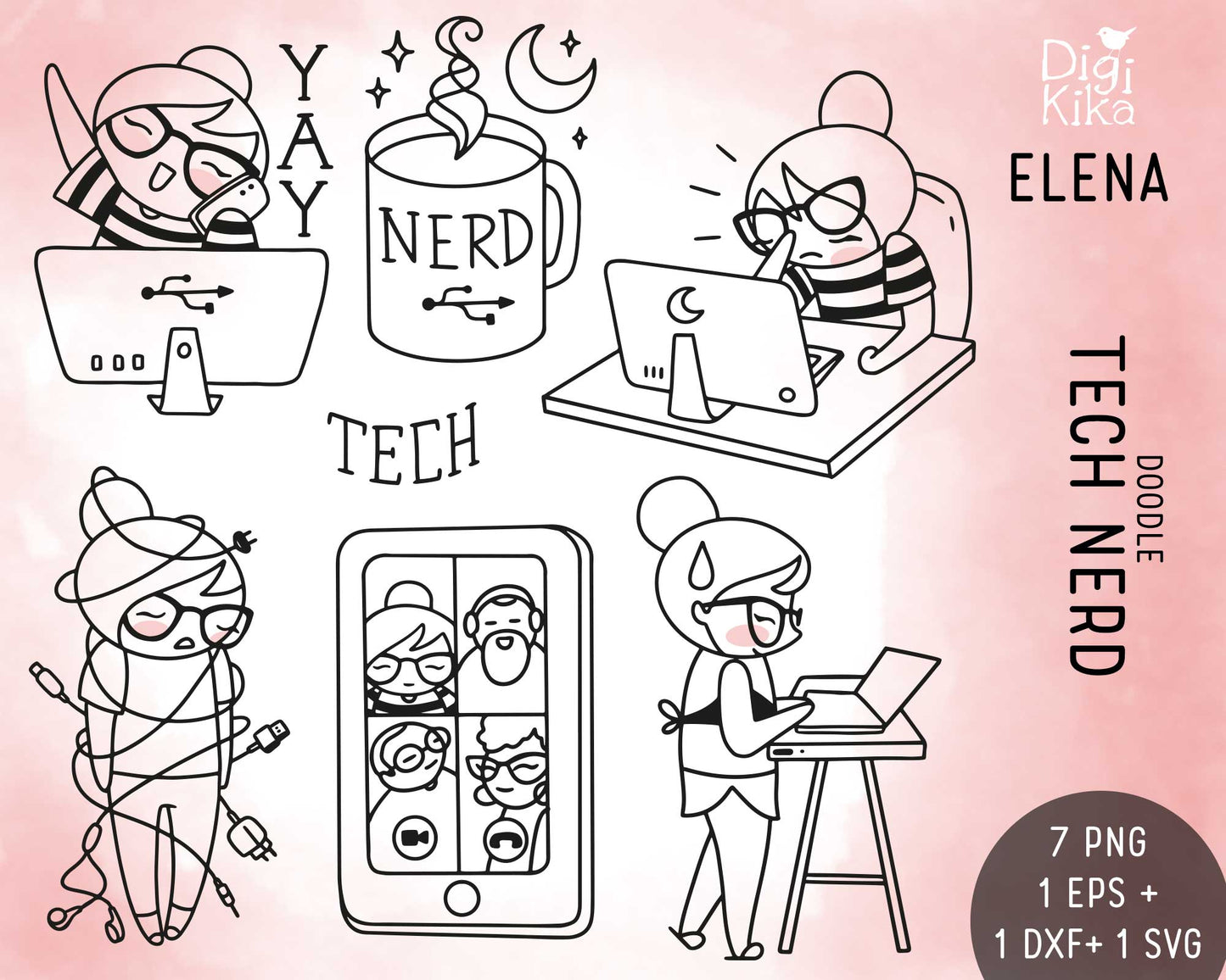 Elena Tech Nerd Outline Clipart | Coding Graphics | EPS SVG DXF PNG