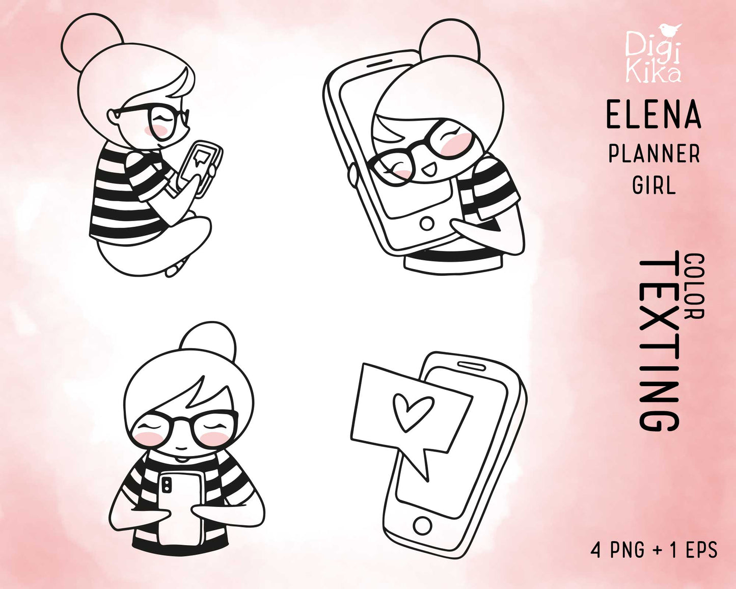 Elena Texting Outline Clipart | Phone Chat Graphics | EPS SVG DXF PNG | Commercial Use