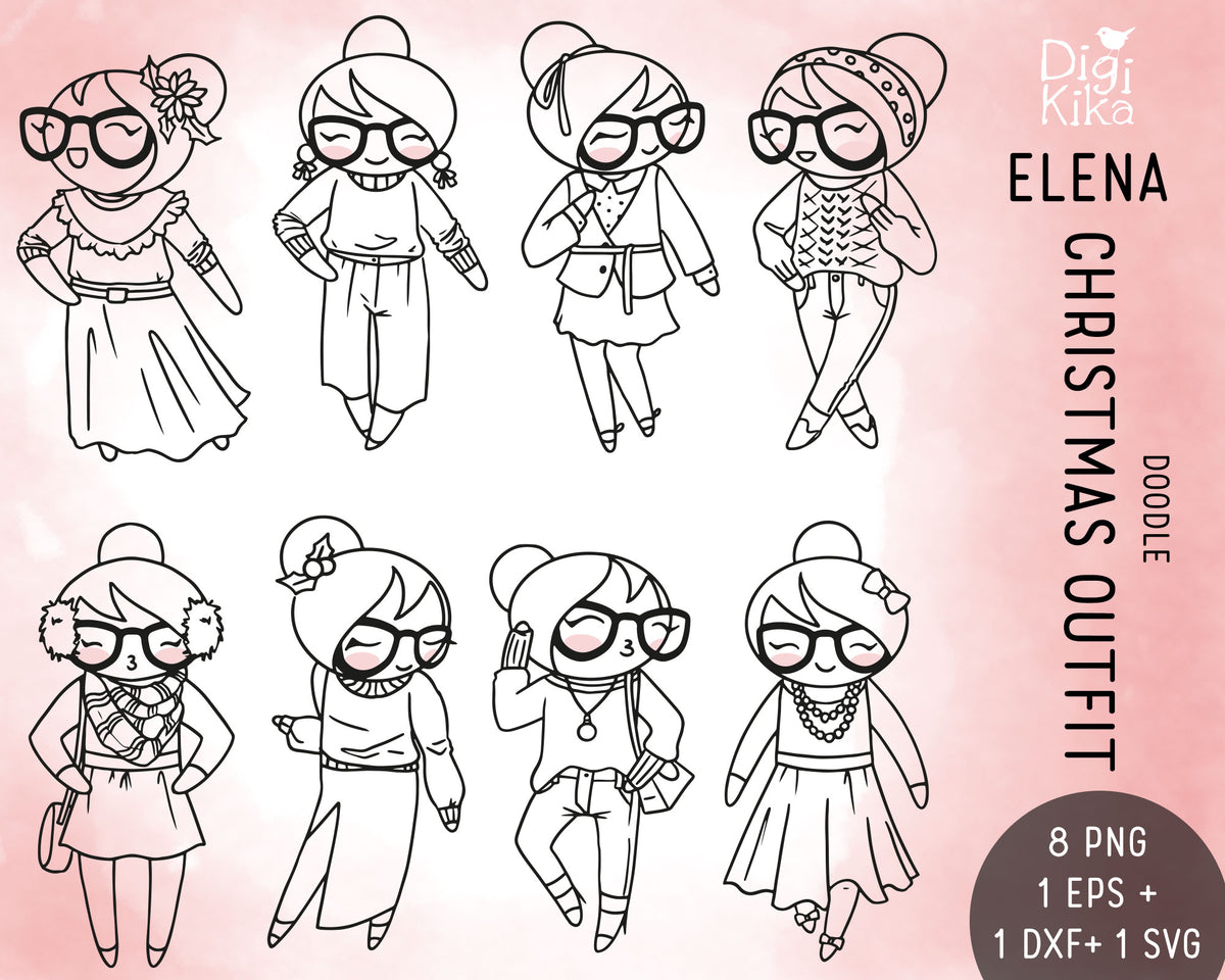 Elena Christmas 8 Outfits Outline Clipart | EPS SVG DXF PNG