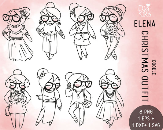 Elena Christmas 8 Outfits Outline Clipart | EPS SVG DXF PNG