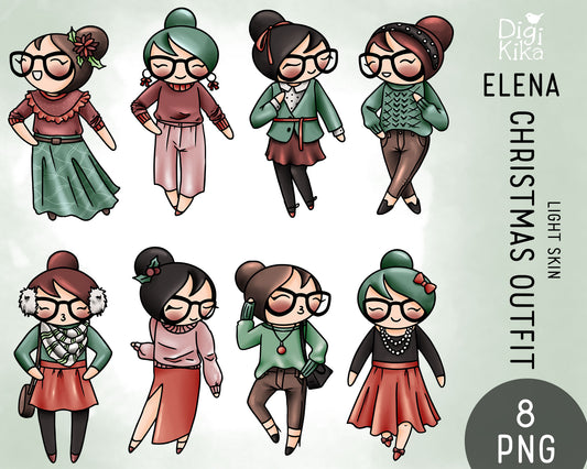 Elena Christmas 8 Outfits Light Skin Color Clipart | PNG Only | Commercial Use