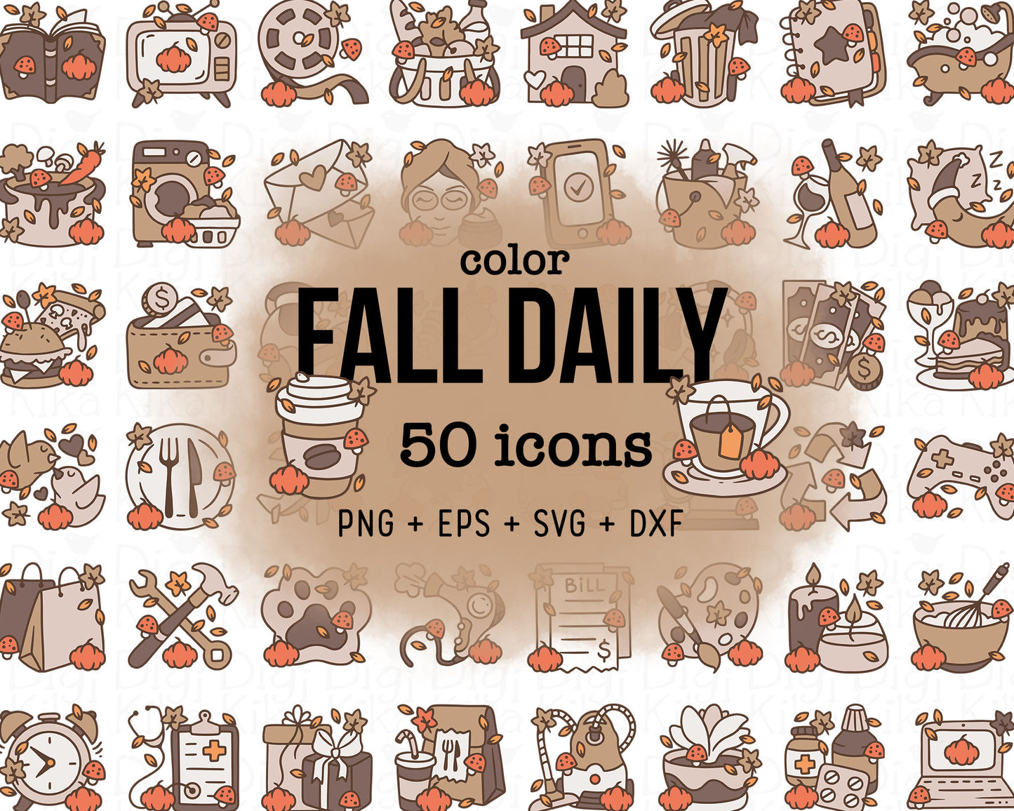 50 Fall Daily Icons COLOR - EPS, SVG, DXF, PNG Clipart - Instant Download