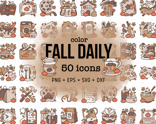 50 Fall Daily Icons COLOR - EPS, SVG, DXF, PNG Clipart - Instant Download