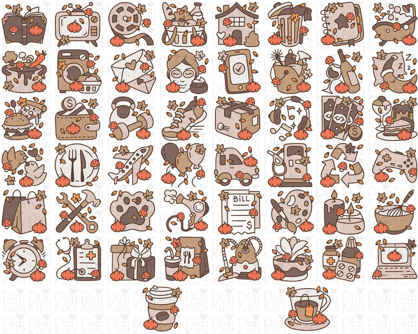 50 Fall Daily Icons COLOR - EPS, SVG, DXF, PNG Clipart - Instant Download