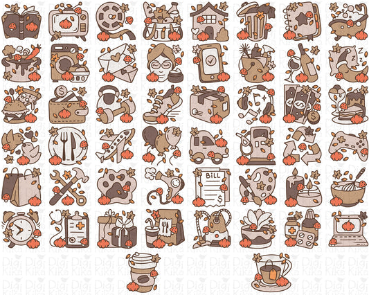 50 Fall Daily Icons COLOR - EPS, SVG, DXF, PNG Clipart - Instant Download