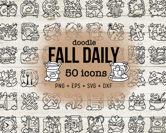 50 Fall Daily Icons DOODLE - EPS, SVG, DXF, PNG Clipart - Instant Download