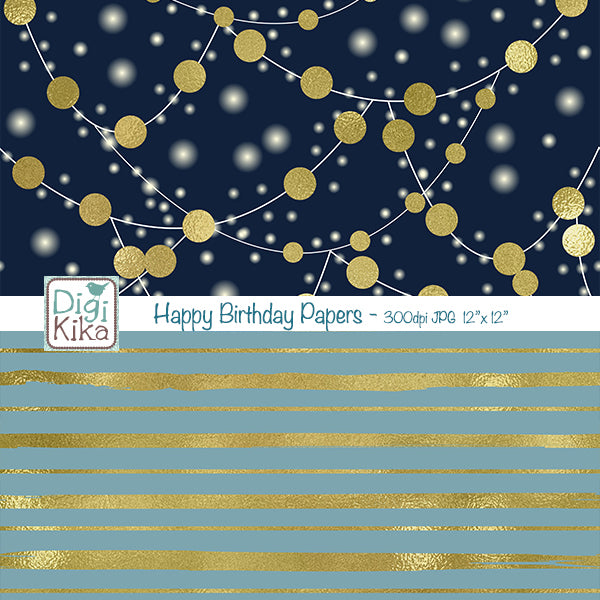 Birthday Digital Papers – Blue & Gold Theme – Elegant Printable Backgrounds – Scrapbooking & Crafts – Instant Download