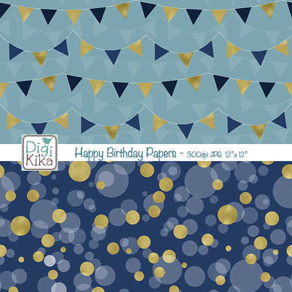 Birthday Digital Papers – Blue & Gold Theme – Elegant Printable Backgrounds – Scrapbooking & Crafts – Instant Download