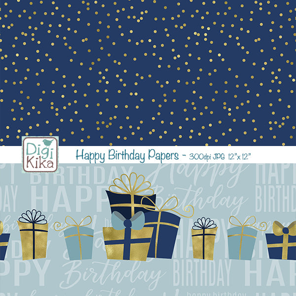 Birthday Digital Papers – Blue & Gold Theme – Elegant Printable Backgrounds – Scrapbooking & Crafts – Instant Download