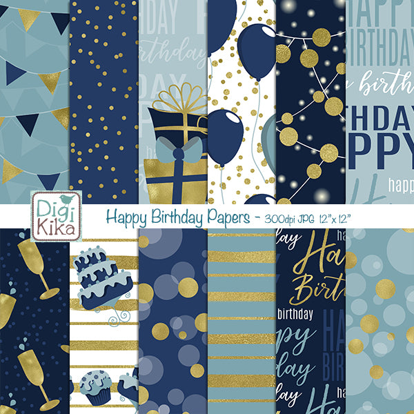 Birthday Digital Papers – Blue & Gold Theme – Elegant Printable Backgrounds – Scrapbooking & Crafts – Instant Download