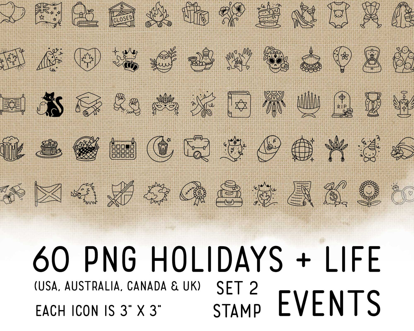 60 Holidays & Life Events STAMP Icons - PNG Clipart set 2 - USA, Aus, Can, UK - Instant Download