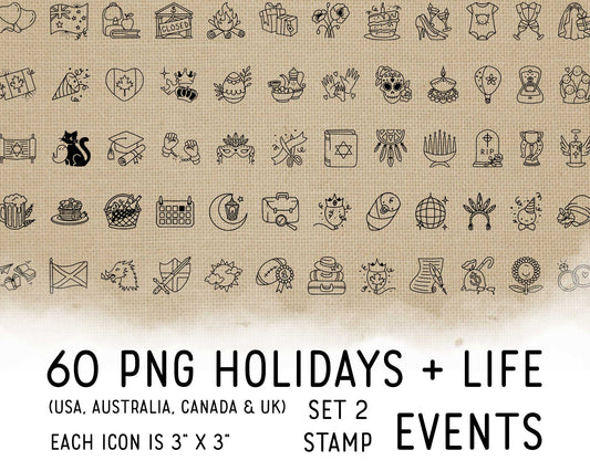 60 Holidays & Life Events STAMP Icons - PNG Clipart set 2 - USA, Aus, Can, UK - Instant Download