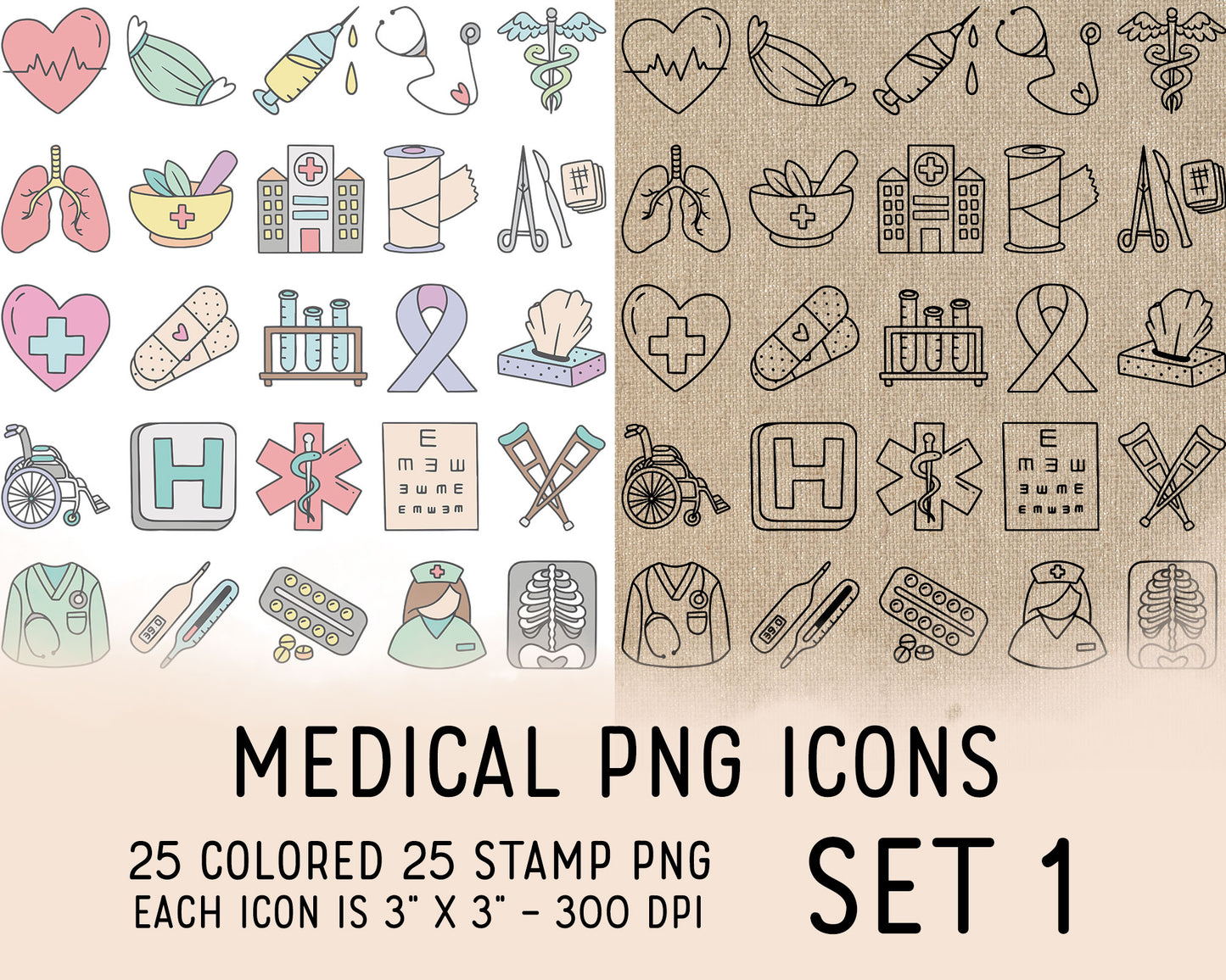 Medical Icons Set 1 Color PNG | 25 Healthcare Graphics | Pastel | Commercial Use