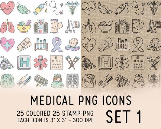 Medical Icons Set 1 Color PNG | 25 Healthcare Graphics | Pastel | Commercial Use