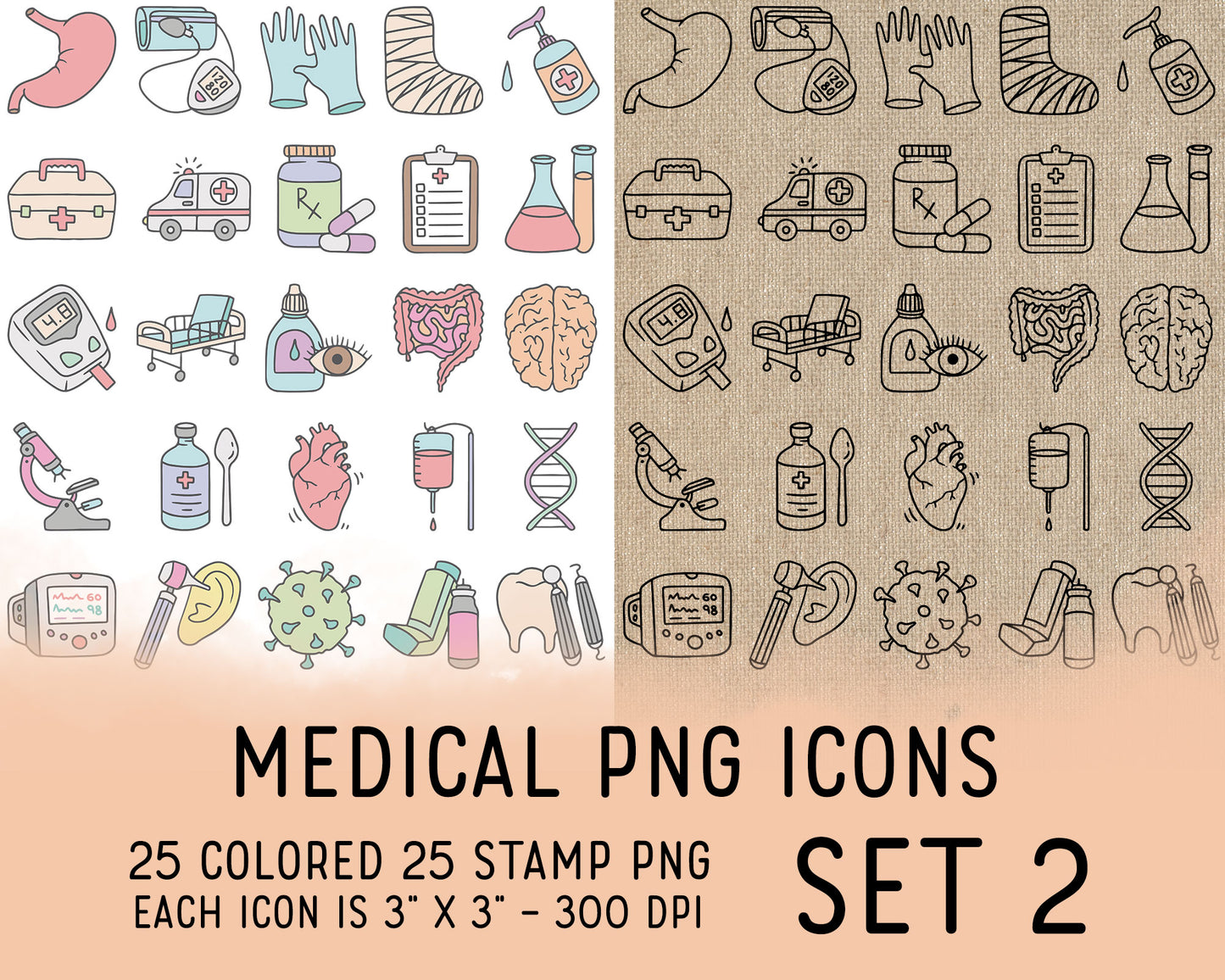 Medical Icons Set 2 Coloring + Pastel Colors Printable Stickers | 25 Healthcare | 2 Sizes | PDF Cut Files