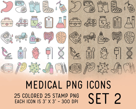 Medical Icons Set 2 Coloring + Pastel Colors Printable Stickers | 25 Healthcare | 2 Sizes | PDF Cut Files