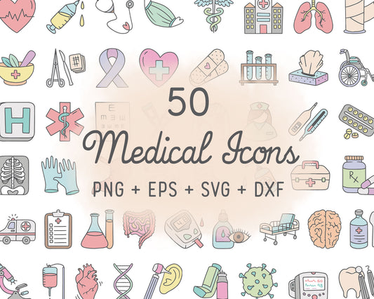 50 Medical Icons Color Vector | Healthcare Graphics | EPS SVG DXF PNG | Commercial Use