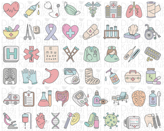 50 Medical Icons Color Vector | Healthcare Graphics | EPS SVG DXF PNG | Commercial Use