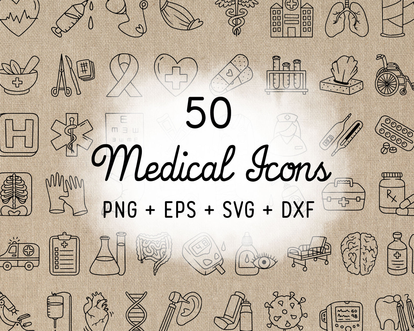 50 Medical Icons Doodle Vector | Healthcare Outline | EPS SVG DXF PNG | Commercial Use