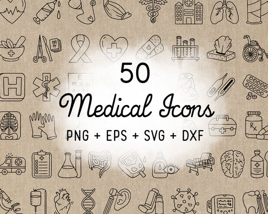 50 Medical Icons Doodle Vector | Healthcare Outline | EPS SVG DXF PNG | Commercial Use