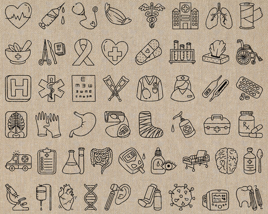 50 Medical Icons Doodle Vector | Healthcare Outline | EPS SVG DXF PNG | Commercial Use