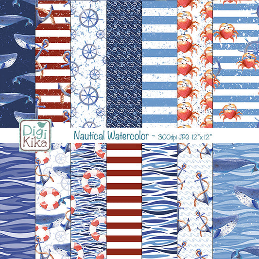 Nautical Watercolor Digital Paper Set – Seaside Backgrounds