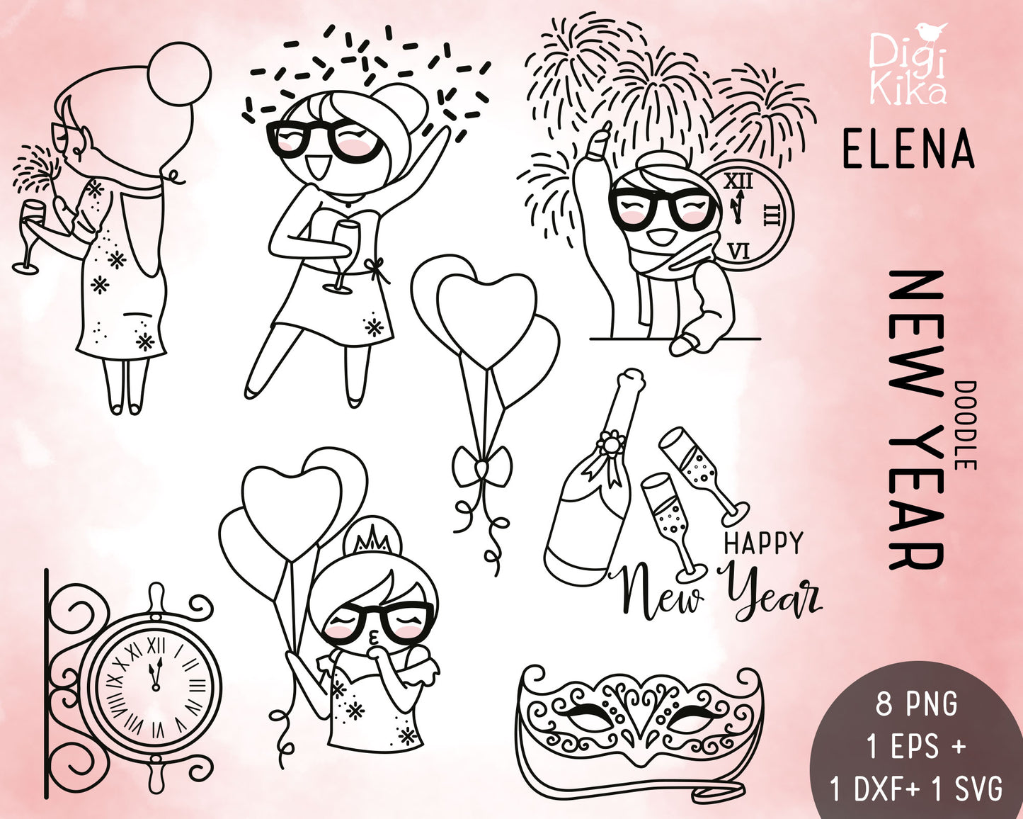Elena Happy New Year – DOODLE Clipart Set – PNG, SVG, EPS & DXF