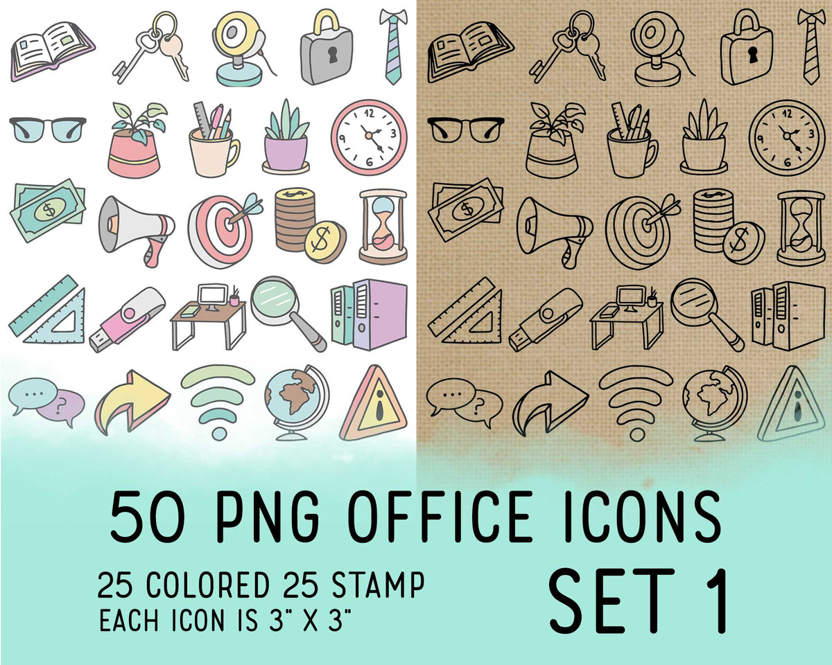 50 Office Icons PNG Clipart Set 1 | 25 Color 25 Outline | Commercial Use