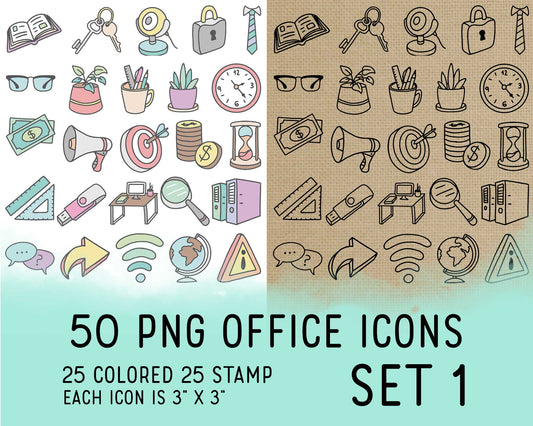 50 Office Icons PNG Clipart Set 1 | 25 Color 25 Outline | Commercial Use