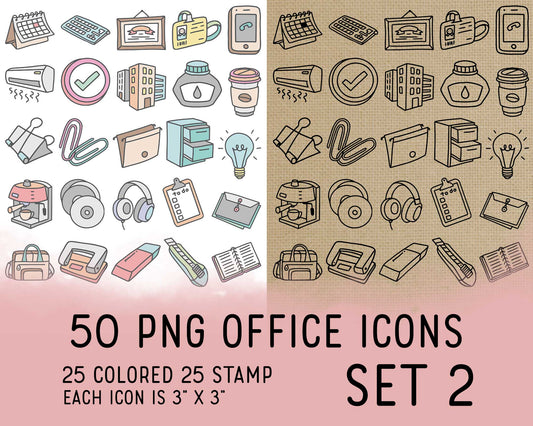 50 Office Icons PNG Clipart Set 2 | 25 Color 25 Outline | Commercial Use