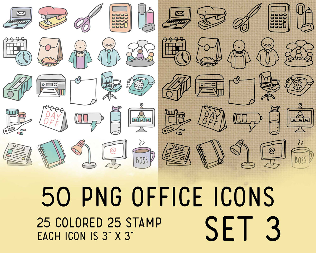 50 Office Icons PNG Clipart Set 3 | 25 Color 25 Outline | Commercial Use