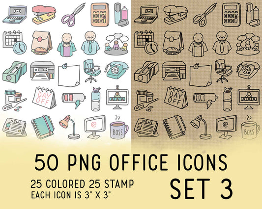 50 Office Icons PNG Clipart Set 3 | 25 Color 25 Outline | Commercial Use