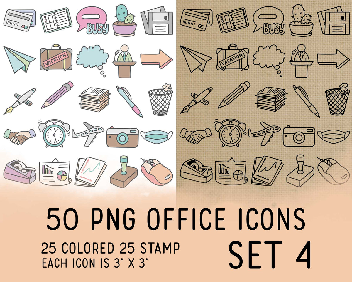 50 Office Icons PNG Clipart Set 4 | 25 Color 25 Outline | Commercial Use