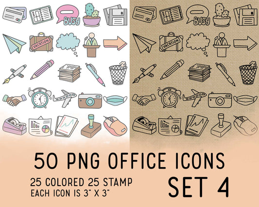 50 Office Icons PNG Clipart Set 4 | 25 Color 25 Outline | Commercial Use