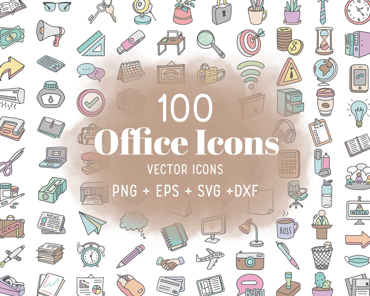 100 Office Icons Color Editable Clipart | EPS SVG DXF PNG | Commercial Use