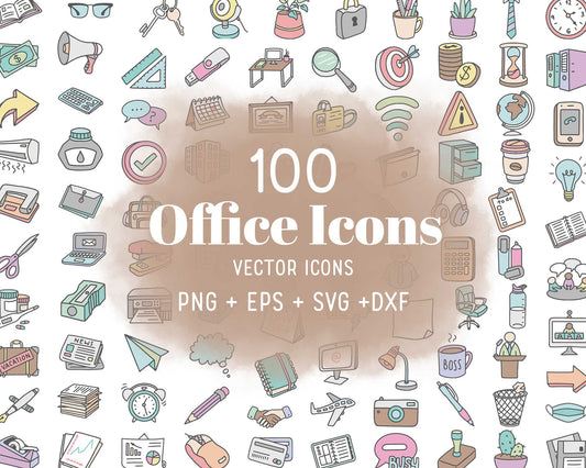 100 Office Icons Color Editable Clipart | EPS SVG DXF PNG | Commercial Use