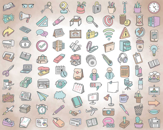 100 Office Icons Color Editable Clipart | EPS SVG DXF PNG | Commercial Use