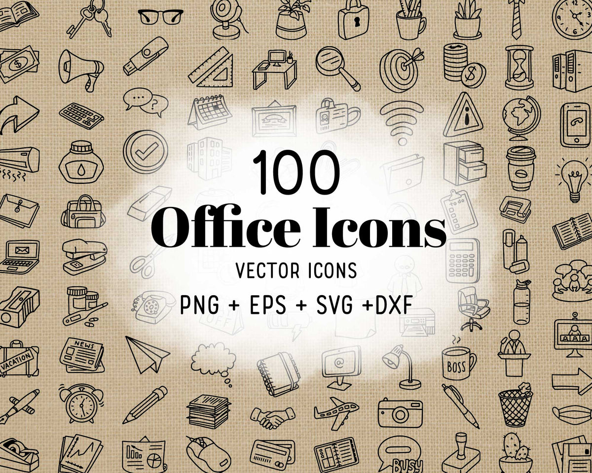100 Office Icons Doodle Editable Clipart | EPS SVG DXF PNG | Commercial Use