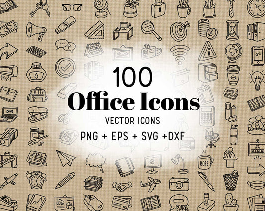 100 Office Icons Doodle Editable Clipart | EPS SVG DXF PNG | Commercial Use